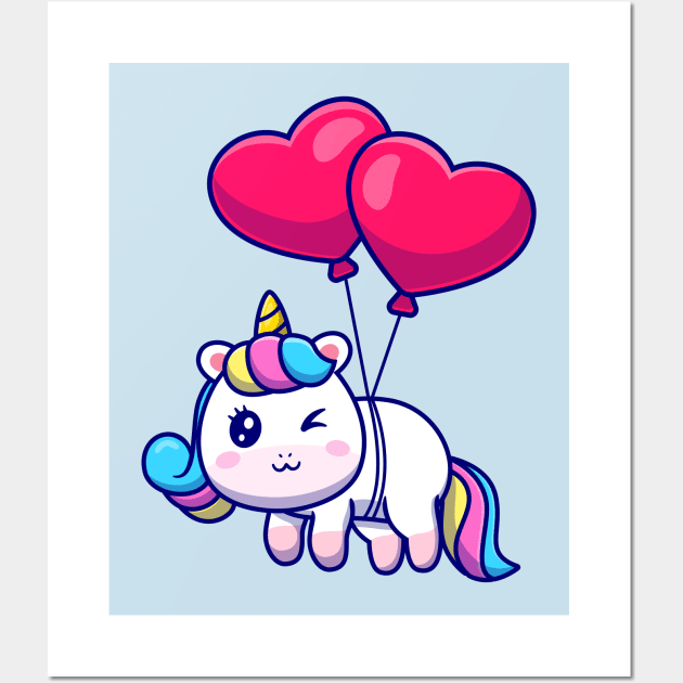 Cute Unicorn Floating With Love Balloon Cartoon Wall Art by Catalyst Labs